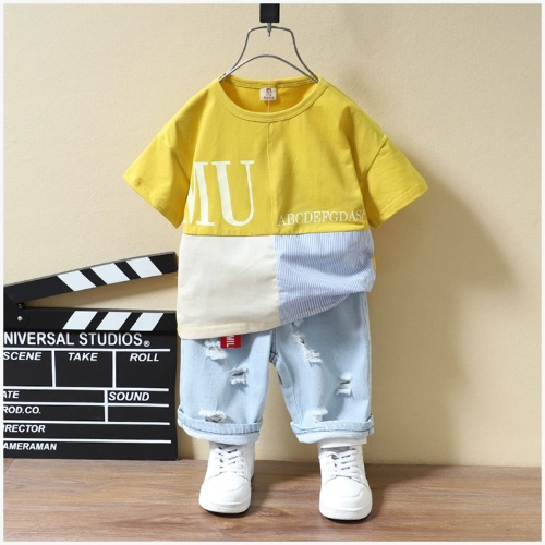 Children's clothing boys' casual suits children's new sports summer clothing children's denim shorts short-sleeved loose two-piece suit