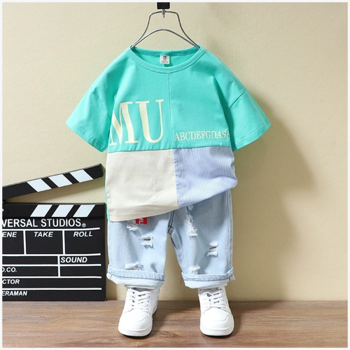 Children's clothing boys' casual suits children's new sports summer clothing children's denim shorts short-sleeved loose two-piece suit