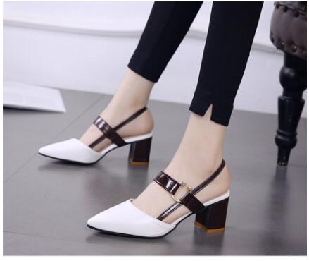 New single shoes women's pointed toe thick heel Baotou women's shoes mid-heel buckle high heels all-match women's sandals