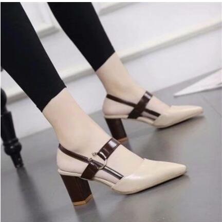 New single shoes women's pointed toe thick heel Baotou women's shoes mid-heel buckle high heels all-match women's sandals