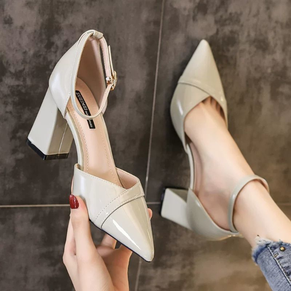 French small high-heeled shoes women's thick heel pointed toe sexy year net red one word buckle hollow autumn fairy shoes