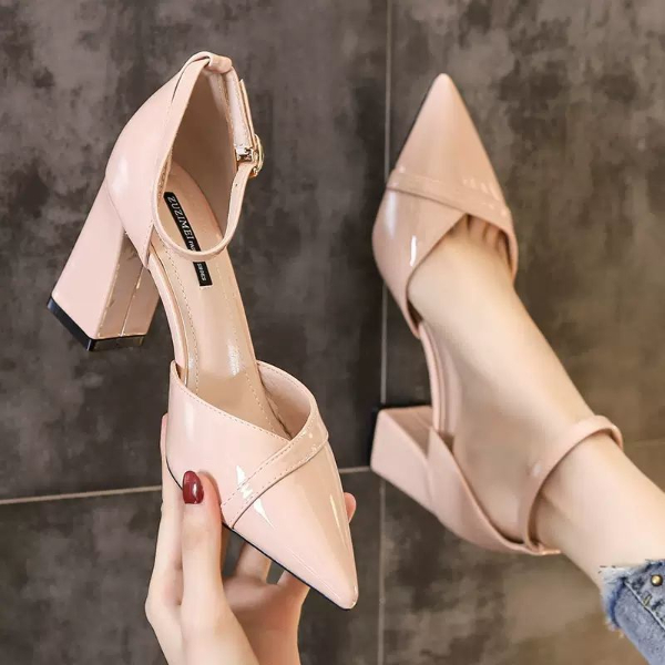 French small high-heeled shoes women's thick heel pointed toe sexy year net red one word buckle hollow autumn fairy shoes