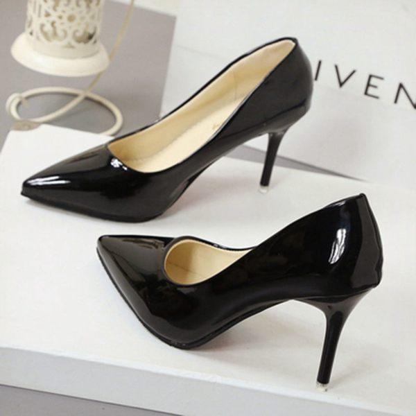 Women's new nude stiletto heels pointy black work shoes women's patent leather blue size