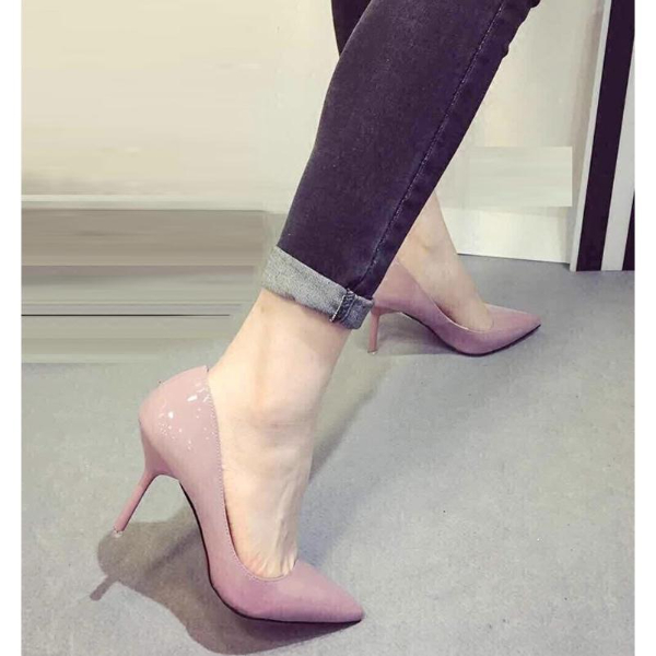 Women's new nude stiletto heels pointy black work shoes women's patent leather blue size