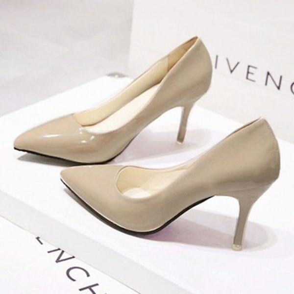 Women's new nude stiletto heels pointy black work shoes women's patent leather blue size