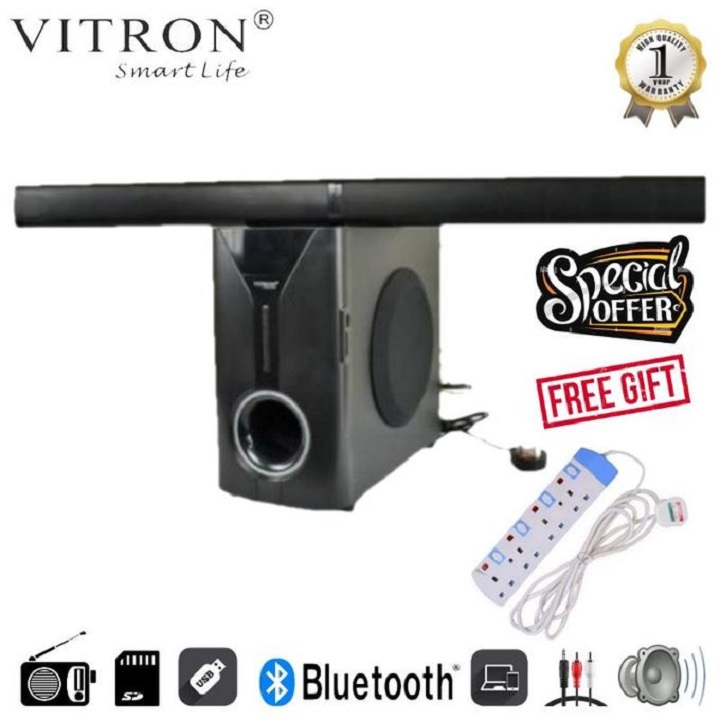 【BIG OFFER】Vitron 2.1CH Multimedia Bluetooth Woofer Speaker System Subwoofer Soundbar BT/USB/SD/FM Subwoofer Home Audilo System Soundbar with Remote Control 9000W +Free Extension Cable