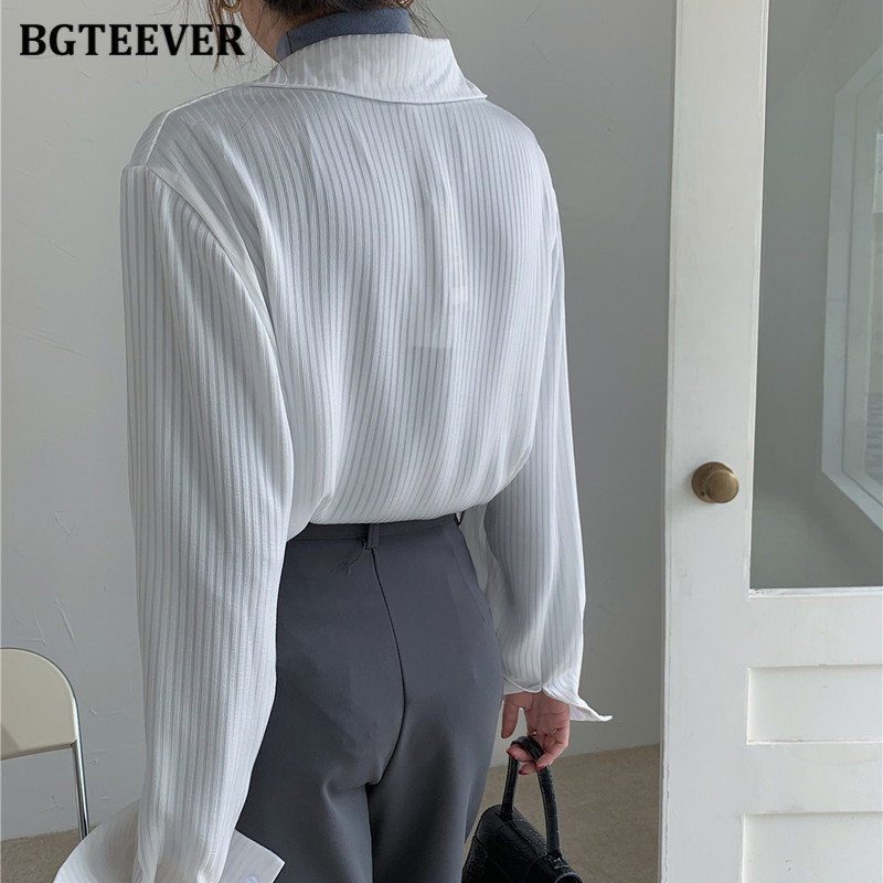 BGTEEVER Office Ladies Striped Women Blouses Tops Full Sleeve Loose Women Shirts Elegant Tops