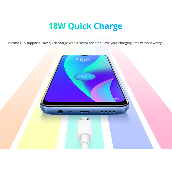 Realme C15 4GB+64GB/128GB 6.5", 6000mAh Large Battery, 13MP Quad Camera 18W Quick Charge Smart Phone