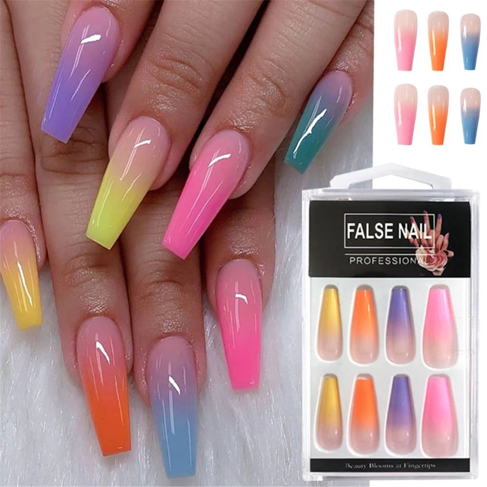 24Pcs/Set Reusable False Nail Stickers Set Full Cover Rainbow Matte Nail Designs Press for Womens