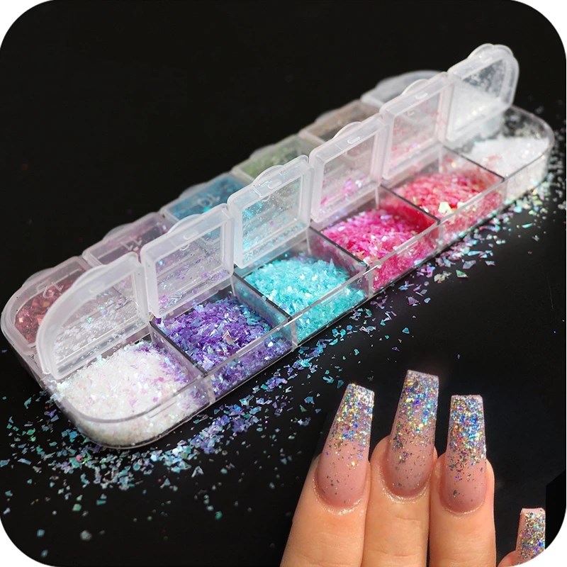 12 Grids Fluorescence Butterfly Heart Fruits Nail Art Glitter 3D colourful Sequins Nail Decoration