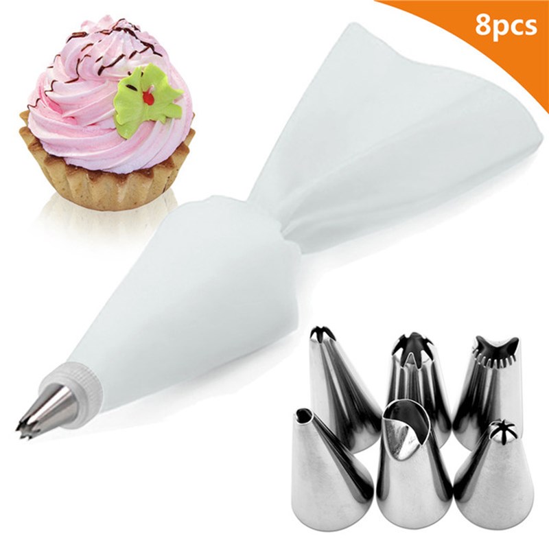 8PCS Silicone Icing Piping Cream Pastry Bag 6 Stainless Steel Cake Nozzle Decorating Pastry Tools
