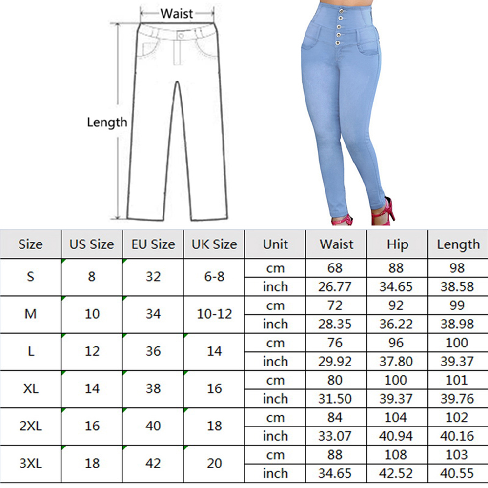 High Waist Women Jeans Buttons Female Pant Slim Elastic Plus Size Stretch Denim Blue Skinny Pencil