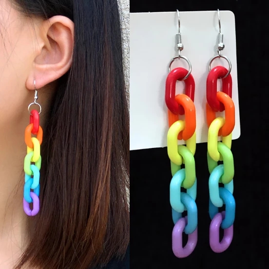 Candy Color Acrylic Long Chain Statement Earrings Womens Colorful Rainbow Geometric Cool Earrings
