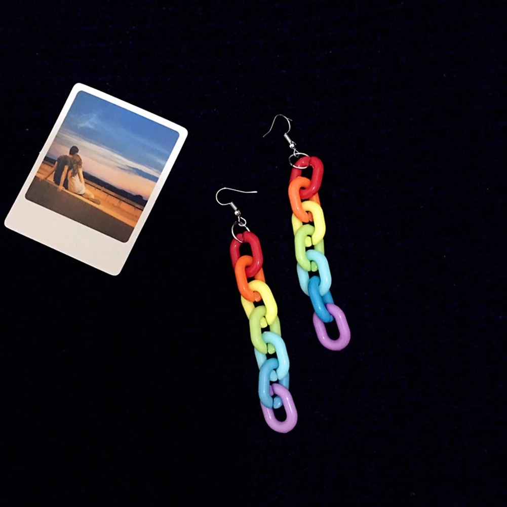 Candy Color Acrylic Long Chain Statement Earrings Womens Colorful Rainbow Geometric Cool Earrings