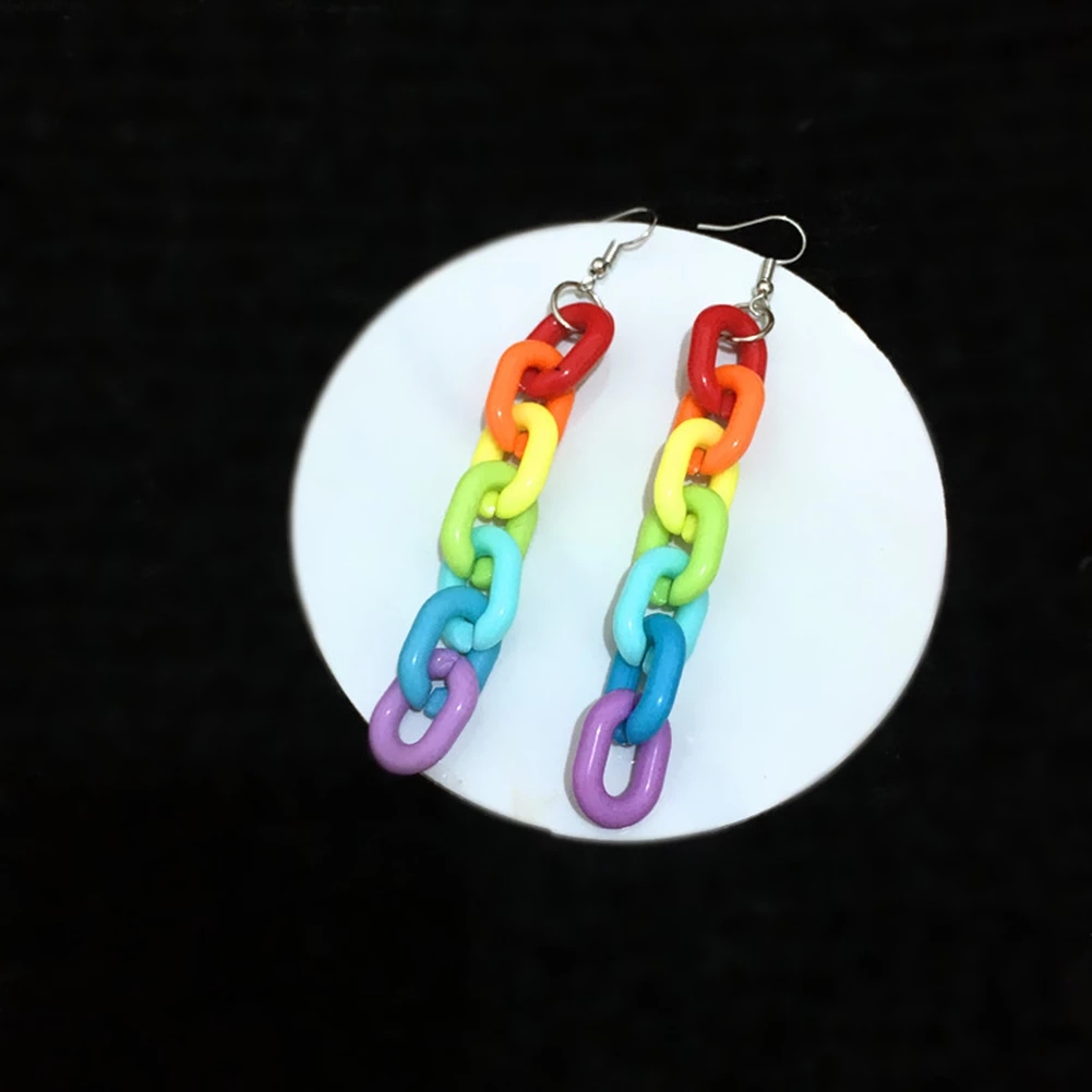 Candy Color Acrylic Long Chain Statement Earrings Womens Colorful Rainbow Geometric Cool Earrings