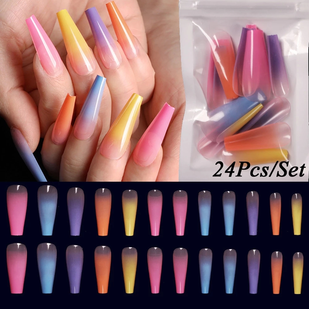 24Pcs/Set Reusable False Nail Stickers Set Full Cover Rainbow Matte Nail Designs Press for Womens