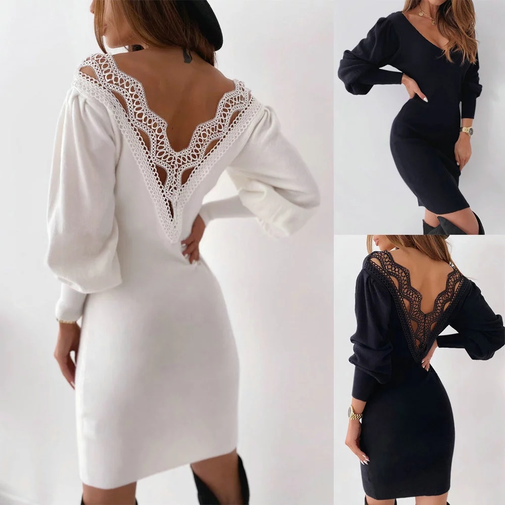 Ladies Sexy Lace Dress Woman Long Sleeve Party Backless V Deep Hollow Out Tight Dresses Clothes 2020