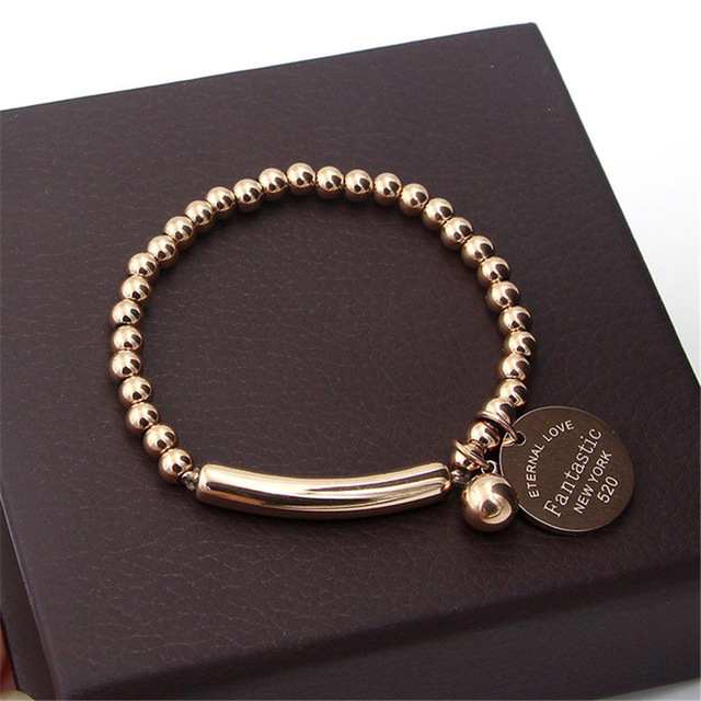 Stainless Steel Ball Beads Bracelet Women Bangles Circle Tag Charm Stretch Strand Bracelet Jewelry