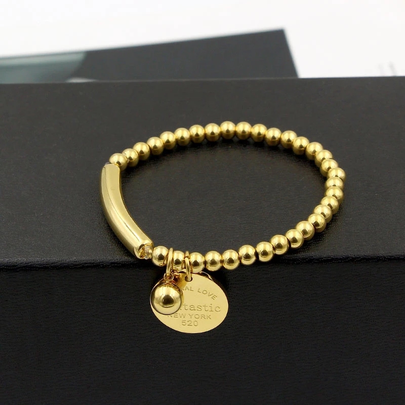 Stainless Steel Ball Beads Bracelet Women Bangles Circle Tag Charm Stretch Strand Bracelet Jewelry