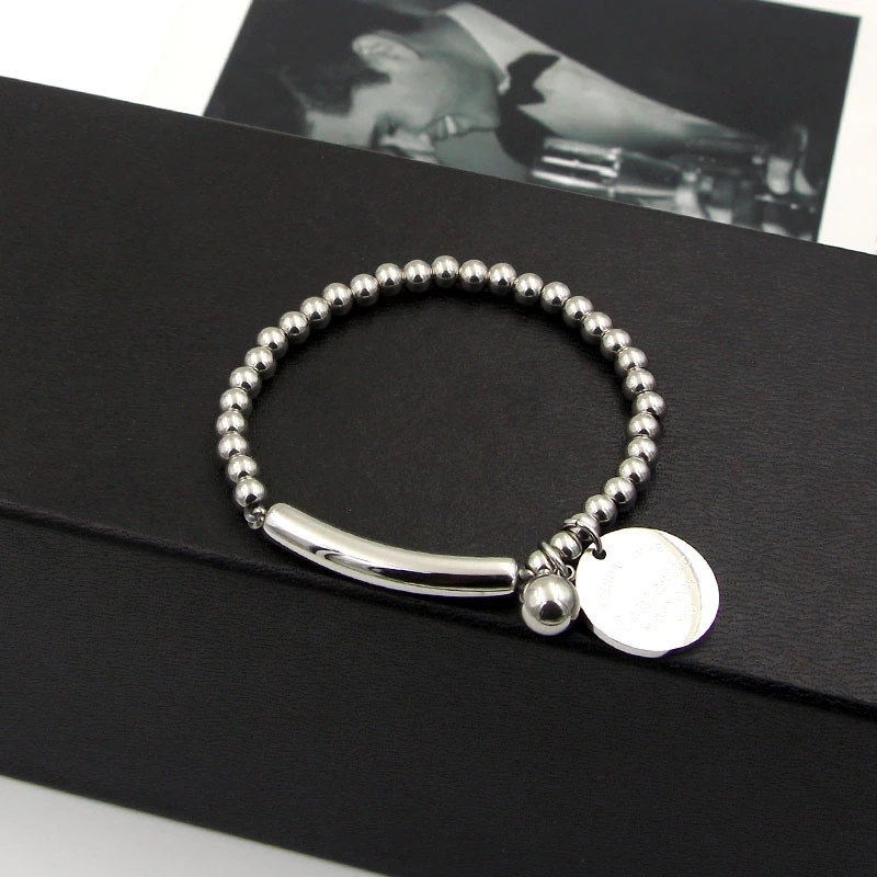 Stainless Steel Ball Beads Bracelet Women Bangles Circle Tag Charm Stretch Strand Bracelet Jewelry