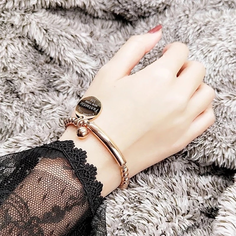 Stainless Steel Ball Beads Bracelet Women Bangles Circle Tag Charm Stretch Strand Bracelet Jewelry