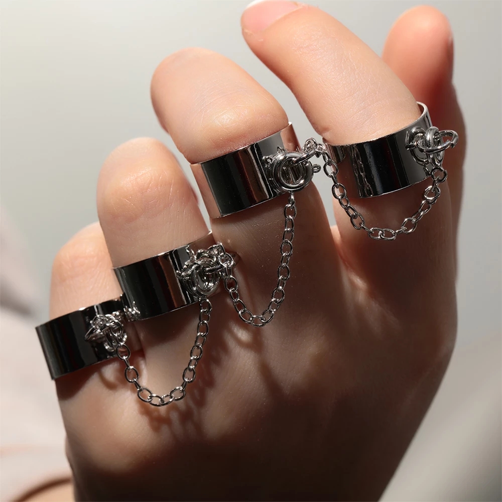 Punk Cool Hip Pop Rings Multi-layer Adjustable Chain Four Open Finger Rings Alloy Women Rotate Rings