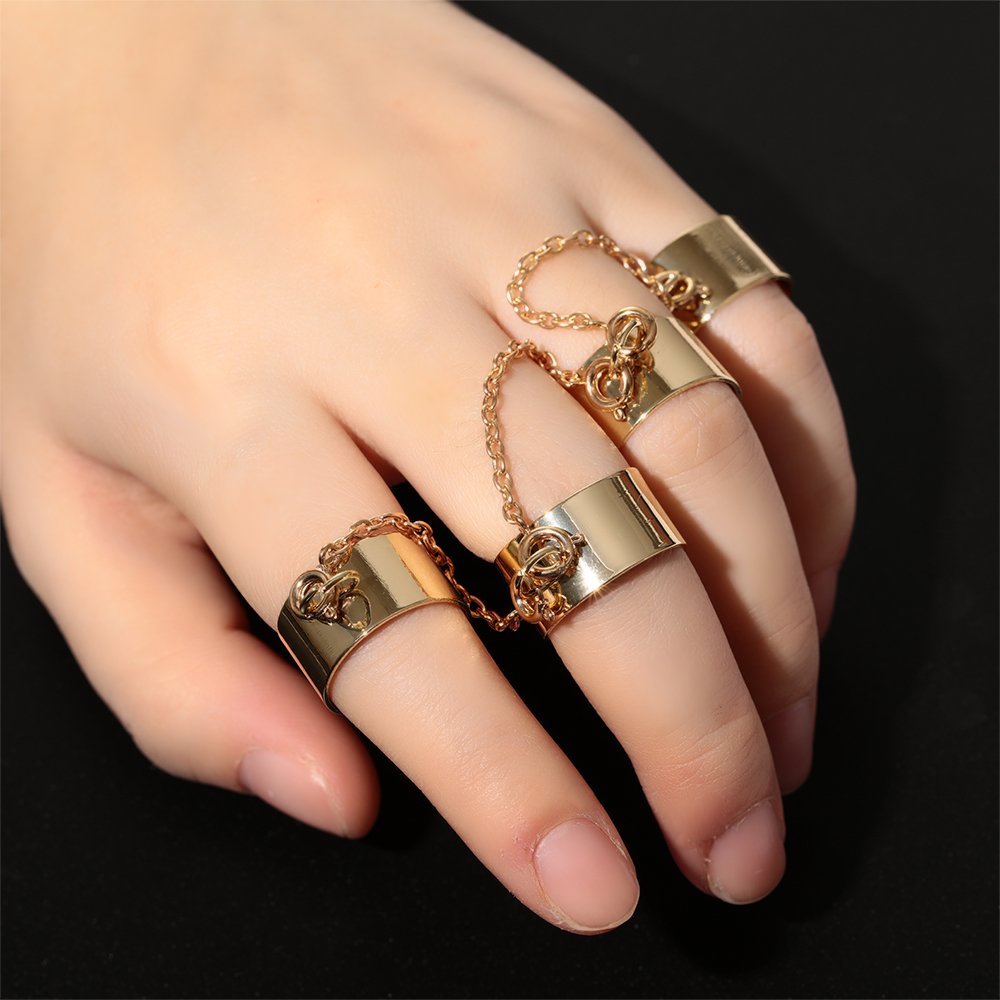 Punk Cool Hip Pop Rings Multi-layer Adjustable Chain Four Open Finger Rings Alloy Women Rotate Rings