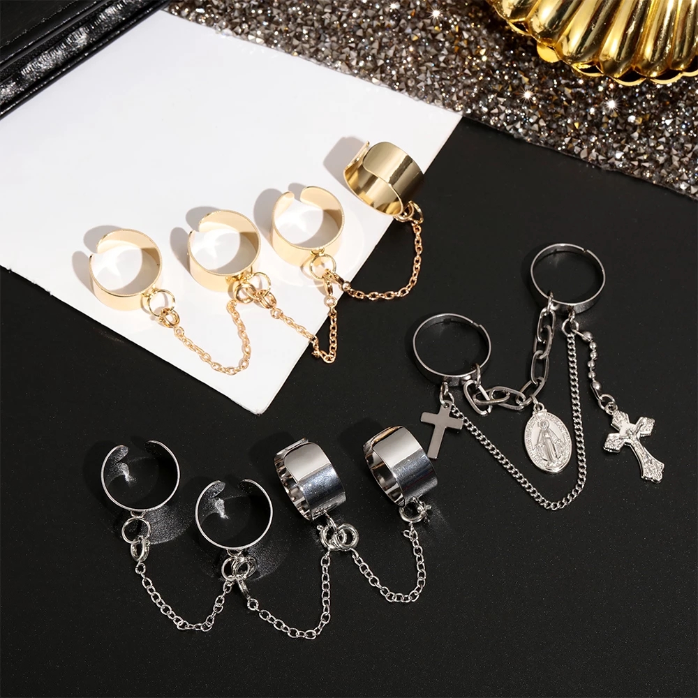 Punk Cool Hip Pop Rings Multi-layer Adjustable Chain Four Open Finger Rings Alloy Women Rotate Rings