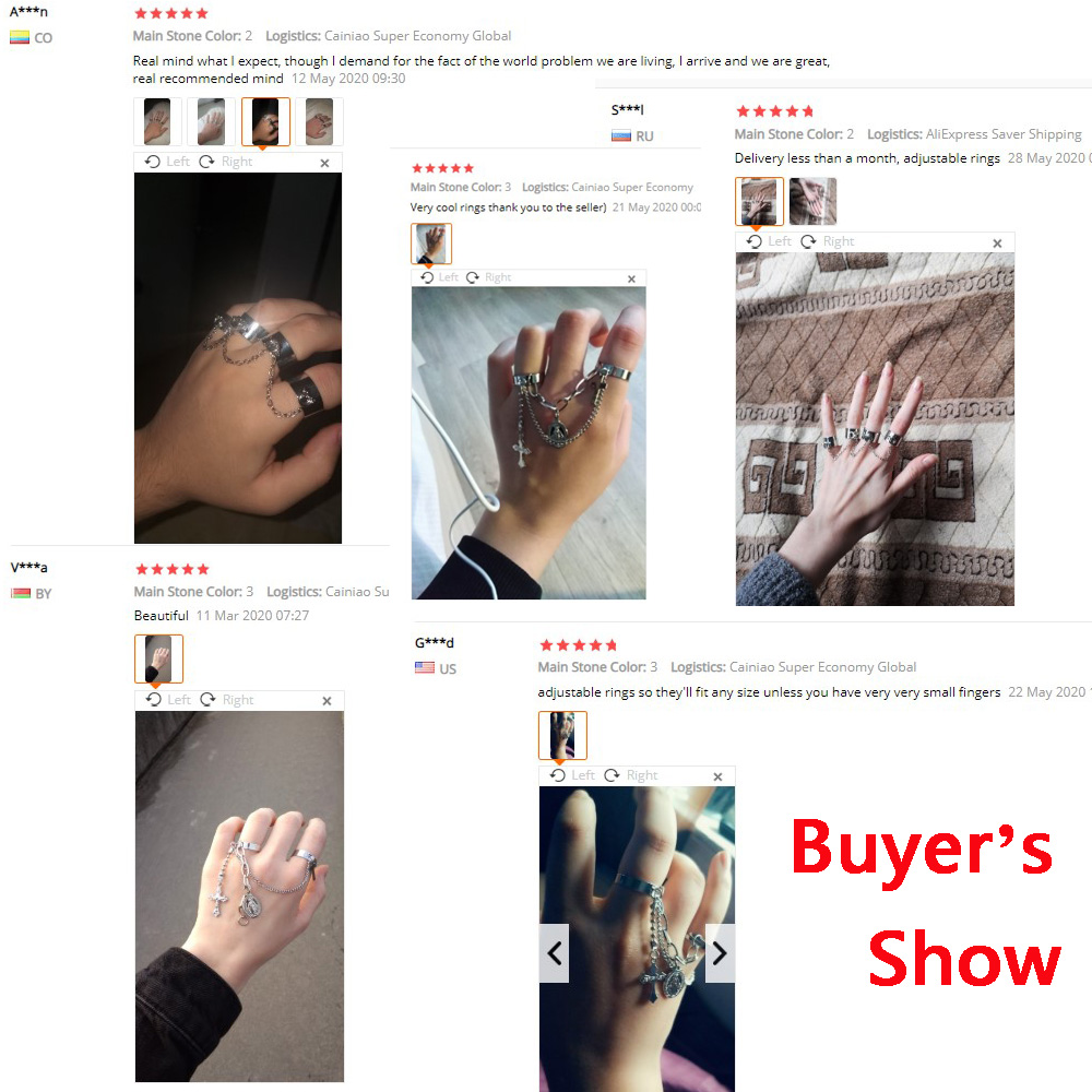 Punk Cool Hip Pop Rings Multi-layer Adjustable Chain Four Open Finger Rings Alloy Women Rotate Rings
