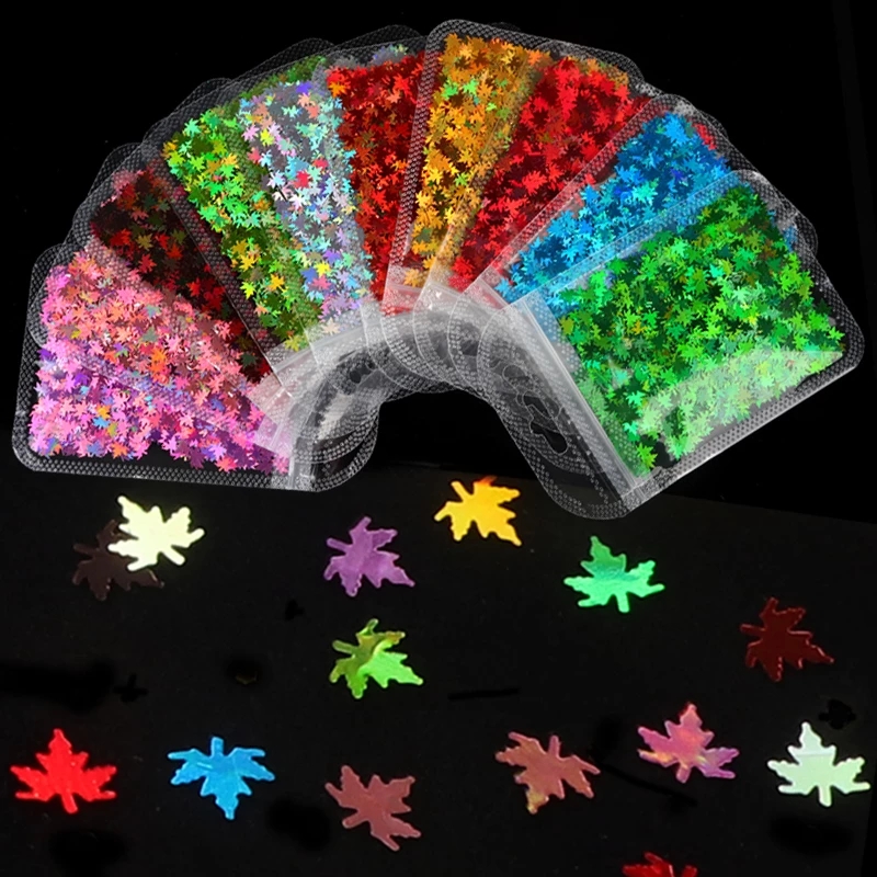 1Bag Holographic Maple Leaf Nail Art Sequins Chameleon Nail Glitter Flakes Laser Leaves Decoration view 2