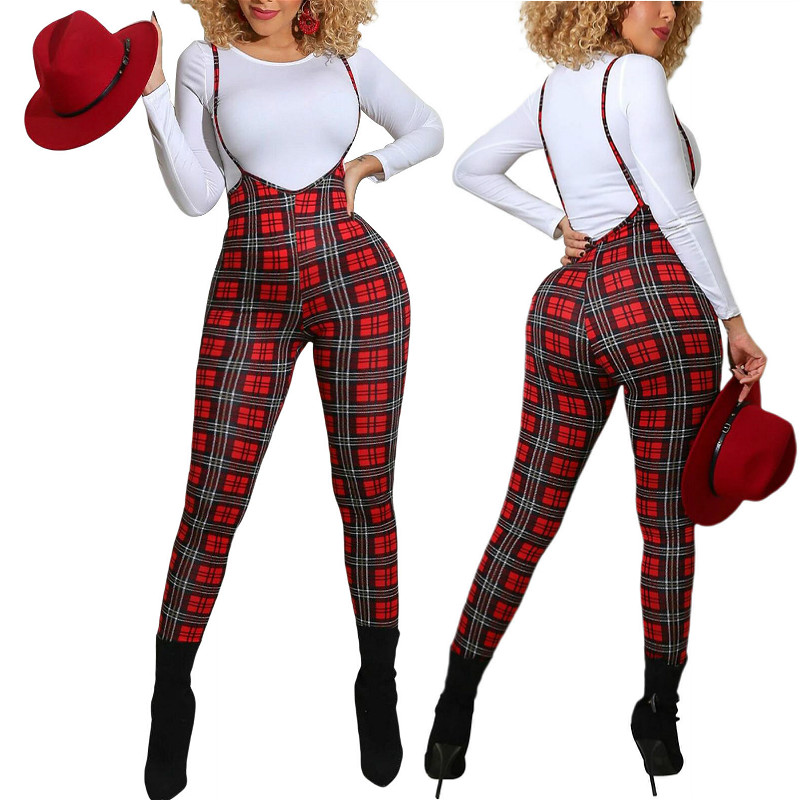 High Waist Overalls Suspender Pants Women Plaid Skinny Bodycon Pencil Pants Club Bib Trousers Female (NO T-shirt）