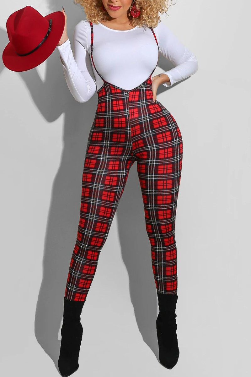 High Waist Overalls Suspender Pants Women Plaid Skinny Bodycon Pencil Pants Club Bib Trousers Female (NO T-shirt）