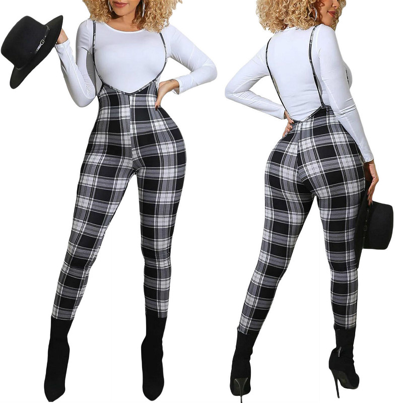 High Waist Overalls Suspender Pants Women Plaid Skinny Bodycon Pencil Pants Club Bib Trousers Female (NO T-shirt）