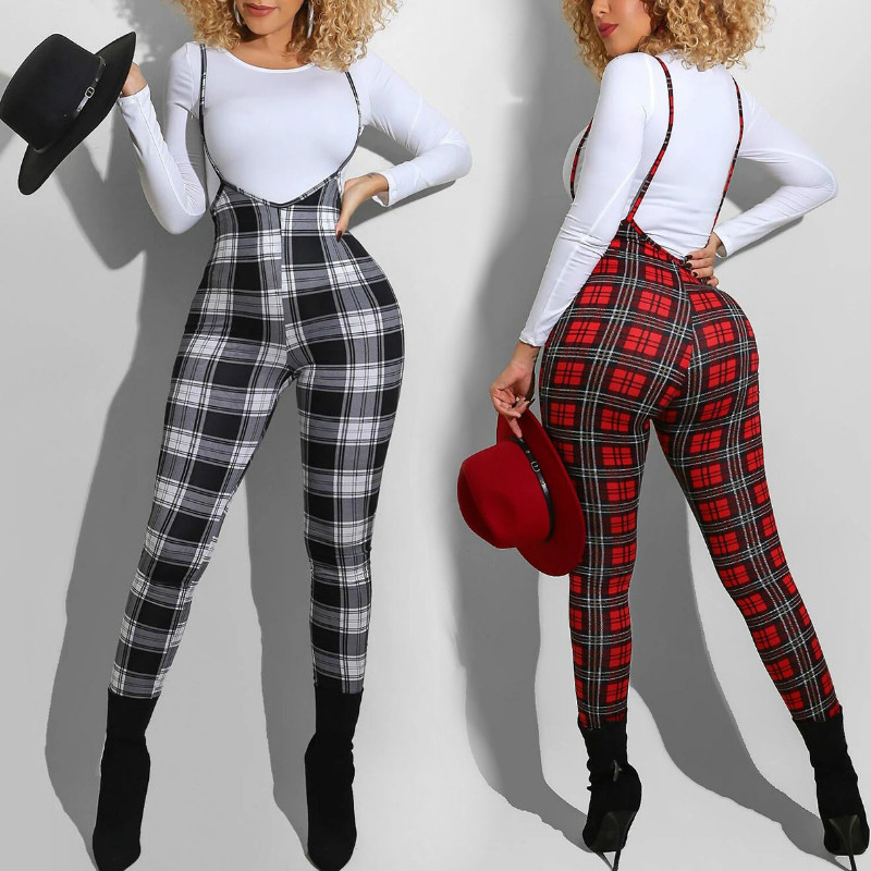 High Waist Overalls Suspender Pants Women Plaid Skinny Bodycon Pencil Pants Club Bib Trousers Female (NO T-shirt）