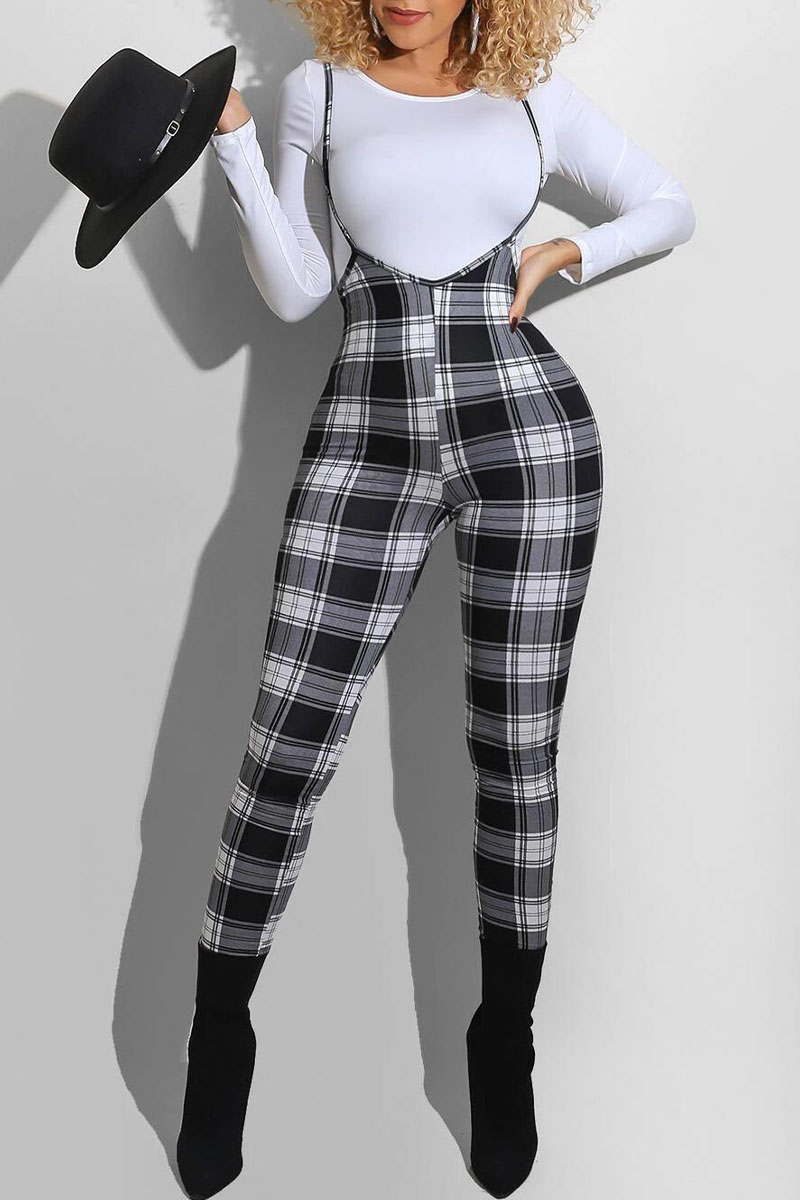High Waist Overalls Suspender Pants Women Plaid Skinny Bodycon Pencil Pants Club Bib Trousers Female (NO T-shirt）