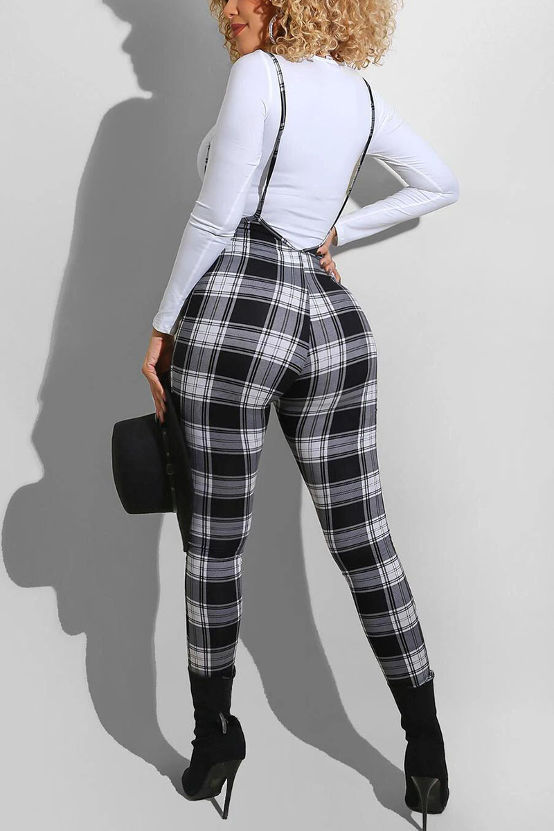 High Waist Overalls Suspender Pants Women Plaid Skinny Bodycon Pencil Pants Club Bib Trousers Female (NO T-shirt）