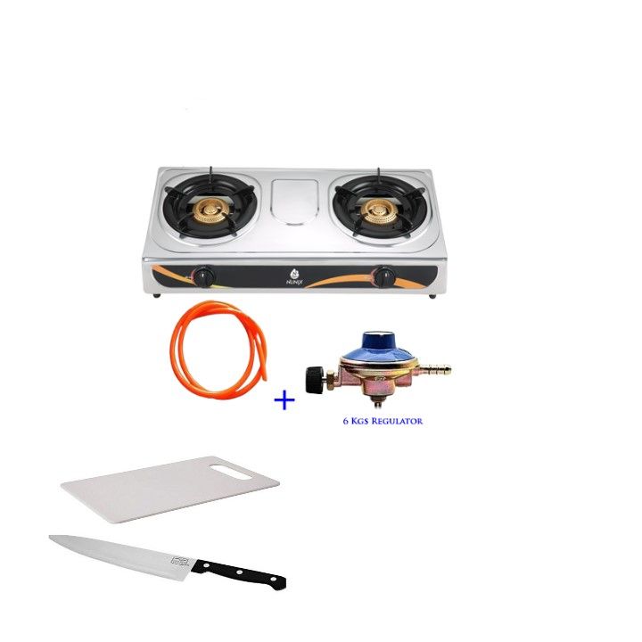 Generic GasTable Top Stainless Steel Double Burner + hose pipe, 6 Kgs Regulator, cutting board + knife