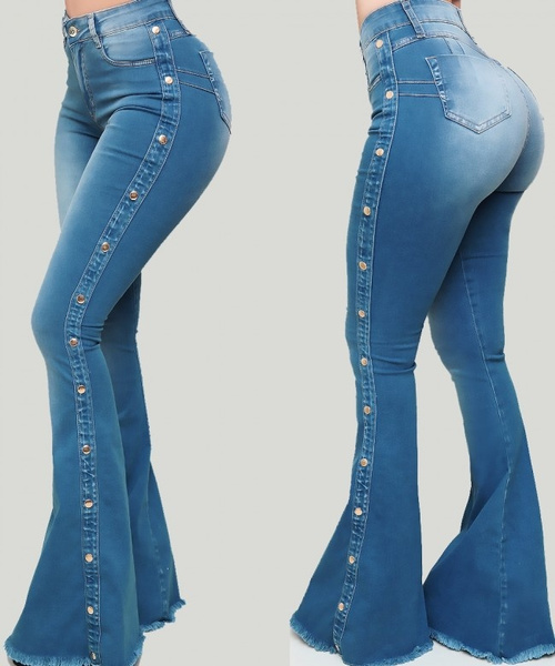 New Arrival Women's Fashion Skinny Bell Bottom Rips Butt Lift Washed Jean