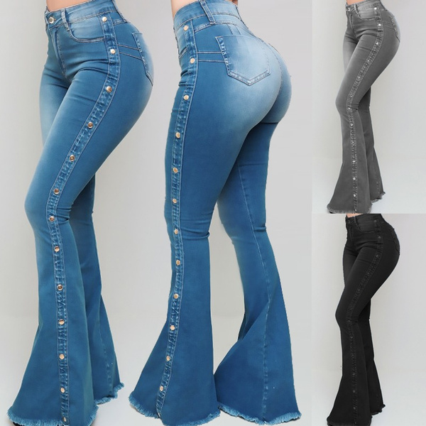 New Arrival Women's Fashion Skinny Bell Bottom Rips Butt Lift Washed Jean