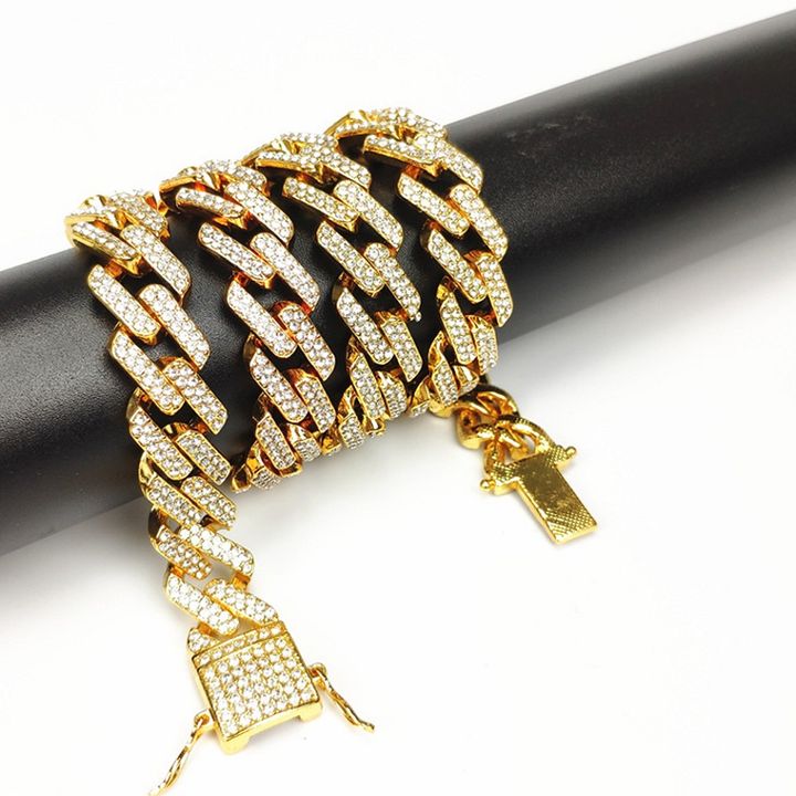 Luxury High Quality  Iced Out 15mm Miami Cuban Link Chain Necklace Bracelet Rhinestone Bling Hip Hop