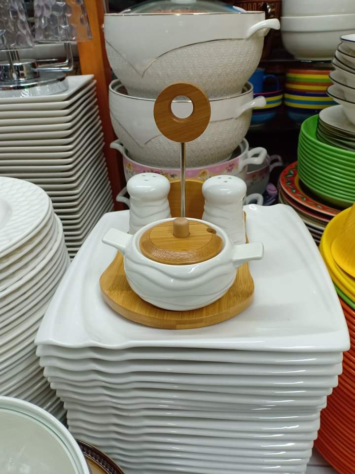 Kitchen &amp; Dining Serviettes, salt shaker and sugar dish holder with bamboo stand