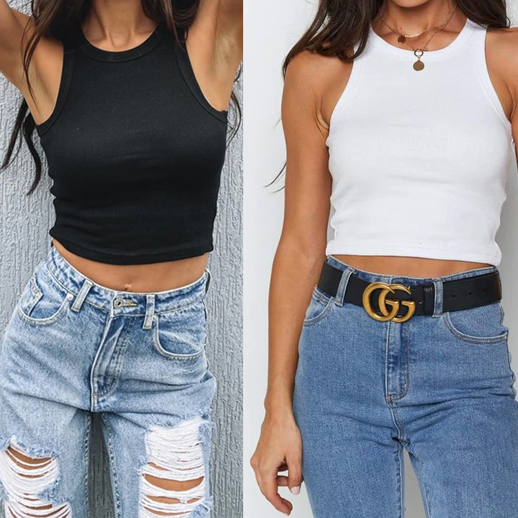 2Pcs New Arrival Ladies O-neck Cotton Camisole Sexy Slimming Solid Ribbing Versatile Easy Match Tank Top Crop Top Blank Singlet Base Shirt Singlet Camisole