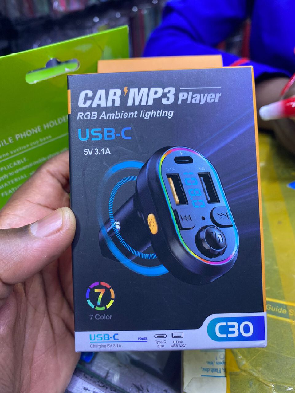 CAR MP3 Player RGB Ambient lighting USB-C 5V 3.1A Car Modulator with charger.
