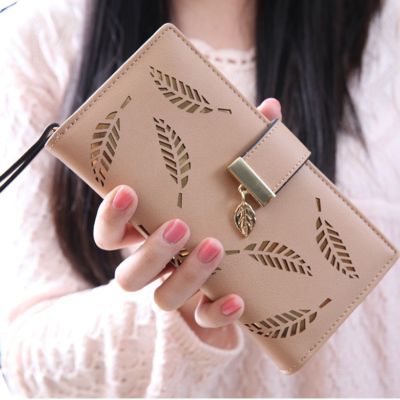 New Style Quality Leather Women Wallets Hollowed Leaf Ladies Handbags Fashion Girl Accessories