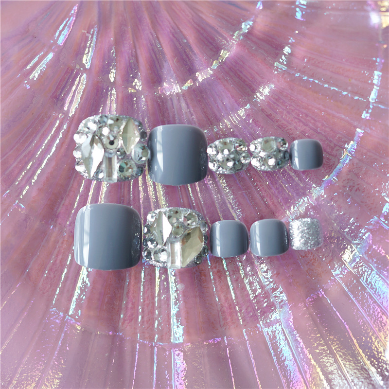 Grey silver full rhinestones toe nails nail art patches finished pieces boxed fake nail foot patches