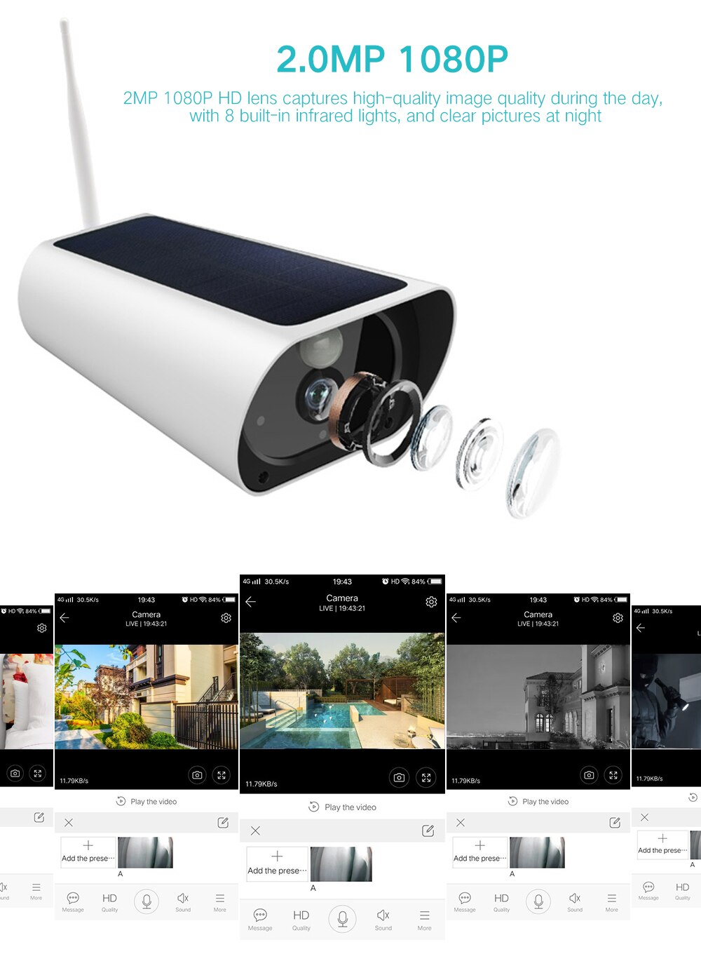 Solar WiFi IP Camera 1080P HD Outdoor Charging Battery Wireless Security Camera PIR Motion Detectio