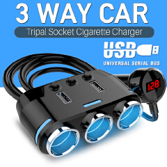 12 - 24V Car Charger Digital USB Charger 3-Way Car Charger Lighter Socket Adapter Rotation