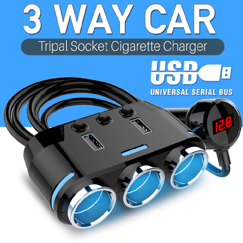 12 - 24V Car Charger Digital USB Charger 3-Way Car Charger Lighter Socket Adapter Rotation