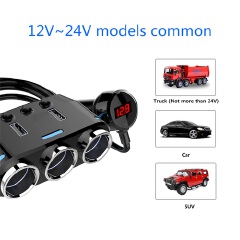 12 - 24V Car Charger Digital USB Charger 3-Way Car Charger Lighter Socket Adapter Rotation