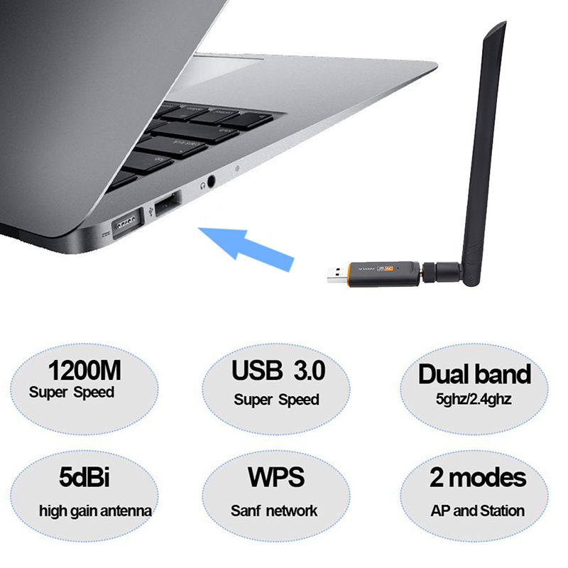 1200Mbps Antenna USB 3.0 Wifi Adapter Wi-fi Dongle Receiver 2.4Ghz/5Ghz Dual Band Network Card RTL8812 5dBi Antenna For Laptop PC